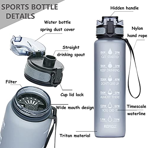 Viogor 1 Litro Botella de Agua Tritan Deportes, con Marcador de Tiempo Motivacional, sin BPA, a Prueba de Fugas, para Gimnasio Sport (Gris, 1000 Millilitres)