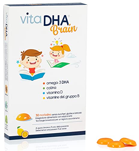 VitaDHA® Brain | Para niños con 250 mg de omega-3 DHA, colina y vitaminas D y B por 1 gelatina al día | Para el cerebro y el sistema inmunológico | Sin azucar | 30 deliciosas gelatinas