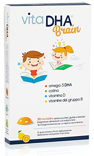 VitaDHA® Brain | Para niños con 250 mg de omega-3 DHA, colina y vitaminas D y B por 1 gelatina al día | Para el cerebro y el sistema inmunológico | Sin azucar | 30 deliciosas gelatinas
