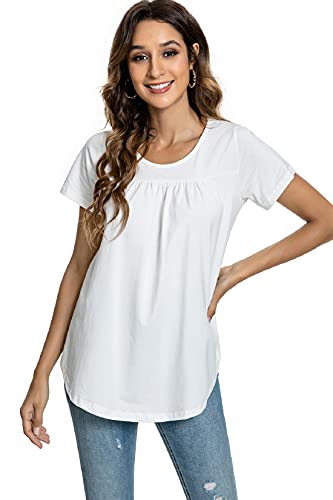 Voqeen Blusa de Mujer Camiseta de Manga Corta Algodón Blusa Elegante Camisa Suelta Mujer Casual Verano Shirts (Blanco, M)