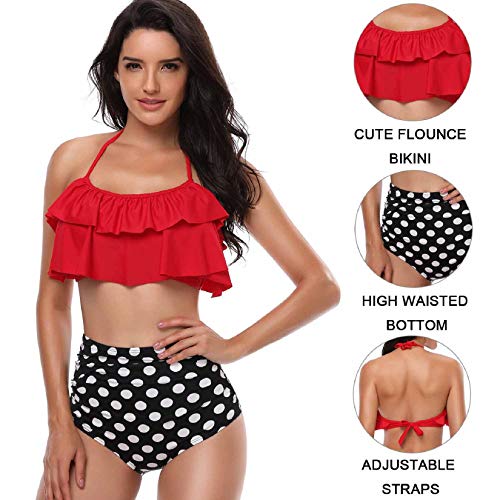 Voqeen Traje de Baño Conjunto de Bikini Mujer Cintura Alta Traje de Baño de Dos Piezas Volantes Estampado Ropa de Playa (Rojo + Lunares, M)