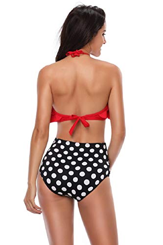 Voqeen Traje de Baño Conjunto de Bikini Mujer Cintura Alta Traje de Baño de Dos Piezas Volantes Estampado Ropa de Playa (Rojo + Lunares, M)