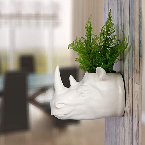 WALPLUS 2 en 1 decoración de jardín maceta colgante de pared cabeza de taxidermia sintética para decoración de pared, réplica de animales, decoración de arte, regalo de rinoceronte blanco