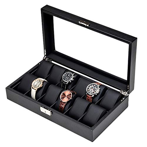 Watch storage box Vitrina de Reloj de Alta Capacidad de Fibra de Carbono para 12 Relojes, Grandes claraboyas de Vidrio y cerraduras de Metal