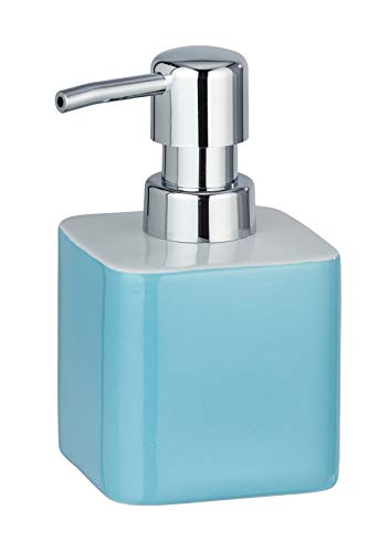 WENKO Dosificador de jabón Elmo azul - Dispensador de jabón líquido Capacidad: 0.27 l, Cerámica, 7.5 x 13 x 8.5 cm, Azul