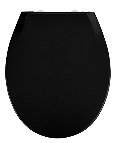 WENKO Tapa de WC Kos negro - Asiento de inodoro con dispositivo automático de descenso, sujeción higiénica de plástico "Fix-Clip", Thermoplast, 37 x 44 cm, Negro
