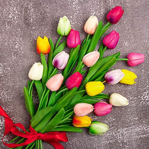 Whaline Ramo de tulipanes falsos de flores artificiales multicolores, tacto real, material de látex de tulipán sintético para el hogar, jardín, boda, fiesta, decoración floral (10 colores)