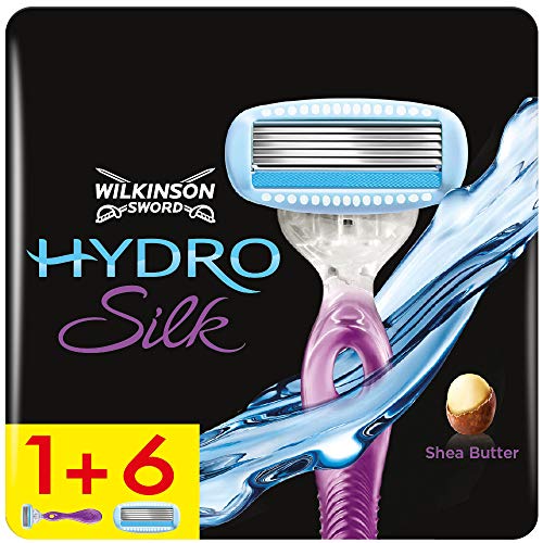 Wilkinson Sword Pack Hydro Silk - Maquinilla Depilatoria + 7 Recambios de Cuchillas de 5 Hojas con Bandas Lubricantes Protectoras