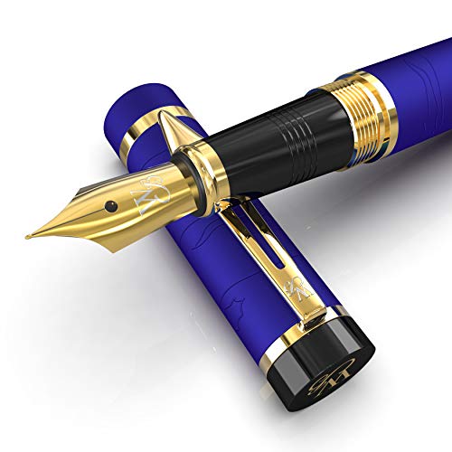 Wordsworth & Black Primori Juego de pluma estilográfica, Punta Mediana, incluye 6 cartuchos de tinta, convertidor de recarga de tinta, estuche de regalo, caligrafía, escritura suave [Oro Azul]