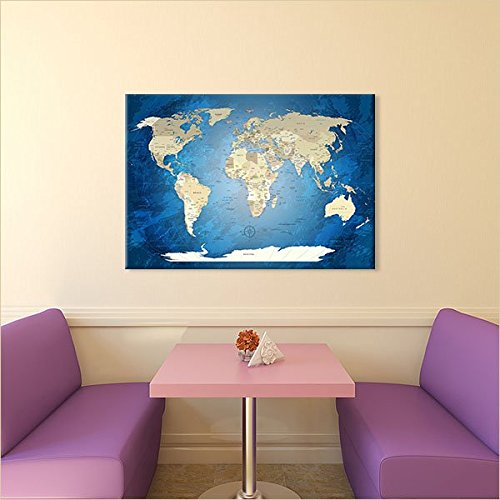 worldmap-blackandw-es-l_parent LanaKK - Mapamundi Océano Azul - ESPAÑOL - Imagen Mapa del Mundo de la Lona XXL Tierra continentes Azul de África Nueva York (120 x 80 cm, una Pieza, Océano Azul)