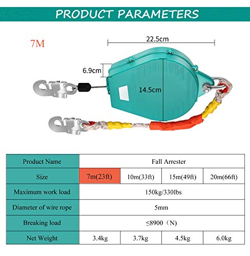 YJINGRUI Línea de vida autorretráctil Protección contra caídas anticaídas de 330 lb con gancho de acero aleado y cable de acero 23ft (7m)