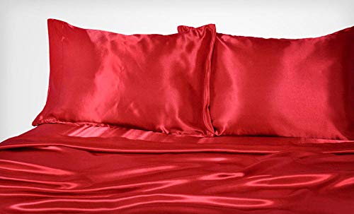 Yuan Dun'er Juego de sábanas de Cama de Lujo de Seda Satinada Suave Queen Bed - Negro Rojo-Rojo_Rey