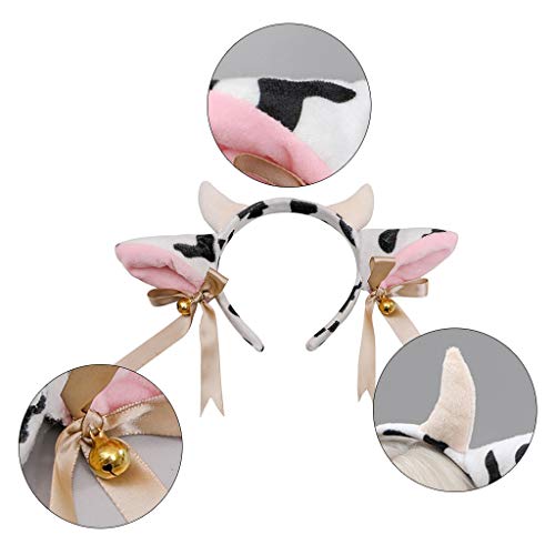 YUSHU Diadema de orejas de vaca de felpa con lazo de cinta de campanas Anime Lolita Cosplay, aro de pelo de orejas de vaca de felpa Diadema de cuerno, linda diadema para mujeres y niñas