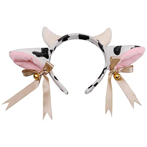 YUSHU Diadema de orejas de vaca de felpa con lazo de cinta de campanas Anime Lolita Cosplay, aro de pelo de orejas de vaca de felpa Diadema de cuerno, linda diadema para mujeres y niñas