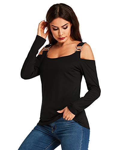 ZANZEA Mujer Camiseta Tops Sin Hombros Largas Camisa Suelto Casual Blusas Sexy Talla Grande Color Sólido Cortos Negro XX-Large