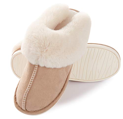 Zapatillas de Casa para Mujer Hombre Antideslizante Fur Pantuflas Cálido Invierno Calienta Interior y Exterior Caqui 38.5-40