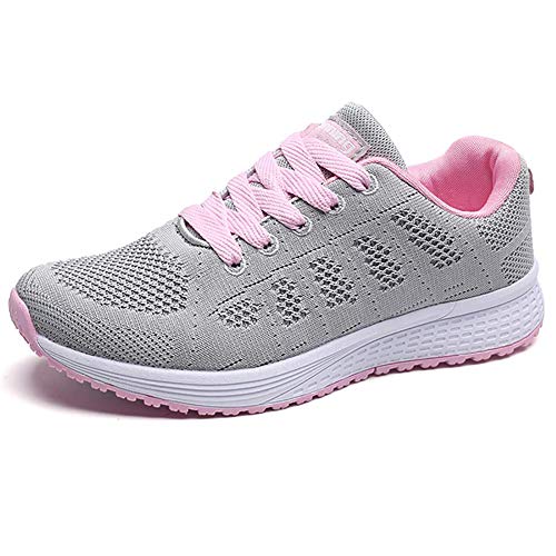 Zapatillas Deportivas Mujer Sneakers Zapatos para Correr para Niña Mujeres Running Zapatos Casuales de Mujer Ligero Respirable Atarse Rosa Gris Talla 43
