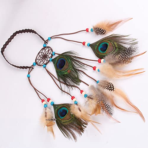 Zoestar Diadema bohemia de plumas de pavo real,color caqui,estilo indio hippie,cadena de cabeza tribal de los años 20,joyería para el cabello,accesorios retro para el cabello para mujeres y niñas