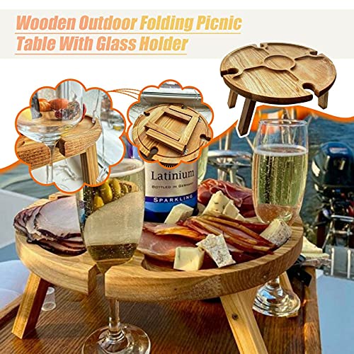 ZYLLZY Mesa de picnic plegable de madera al aire libre con soporte de copa de vino tinto, plato compartimental portátil para queso y frutas, mesa plegable para viajes jardín pequeña mesa de playa