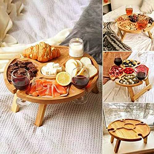 ZYLLZY Mesa de picnic plegable de madera al aire libre con soporte de copa de vino tinto, plato compartimental portátil para queso y frutas, mesa plegable para viajes jardín pequeña mesa de playa