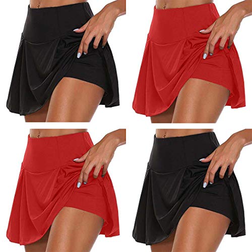 ZZALLL Mujer Tenis Golf Pantalones Deportivos Falda 2 en 1 Color sólido Leggings para Correr Skort - Rojo