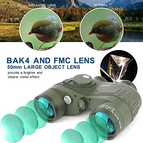 10X50 Prismáticos Marinos para Adultos Impermeable con Brújula Brújula BAK4 a Prueba de Niebla Prism Lens Binoculares Militar para Navegación Navegación Observación de Aves y Caza (G) (LP011)