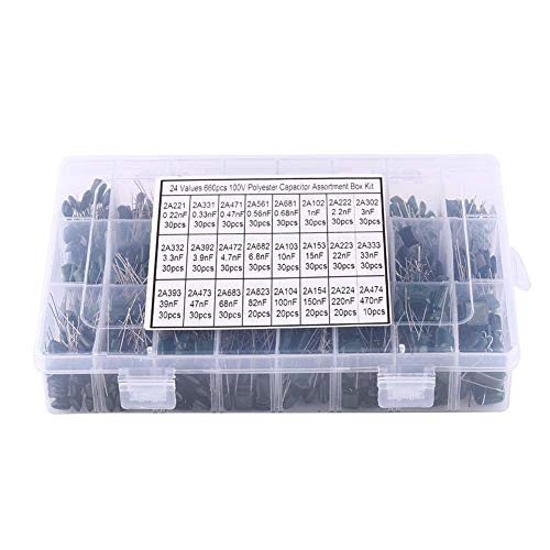 24 valores 660Pcs 100V Kit de surtido de condensadores con caja de almacenamiento,Capacitores de papel de película de poliéster de 0.22nF-470nF