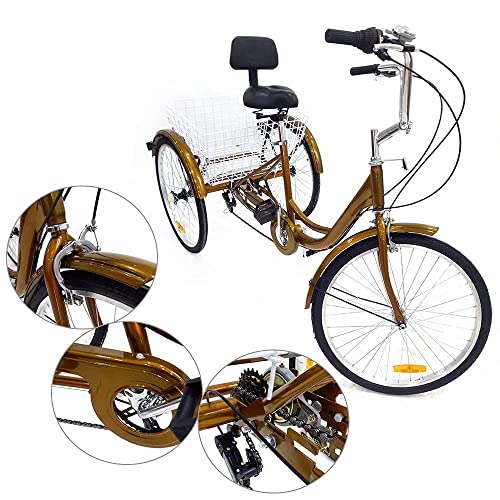 24"Triciclos de Adultos, con Cesta de la Compra y Respaldo, Bicicleta de Triciclo para Adultos de 6 Velocidades, Triciclo para Compras Senior (Dorado)