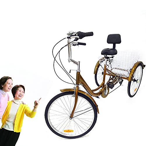 24"Triciclos de Adultos, con Cesta de la Compra y Respaldo, Bicicleta de Triciclo para Adultos de 6 Velocidades, Triciclo para Compras Senior (Dorado)