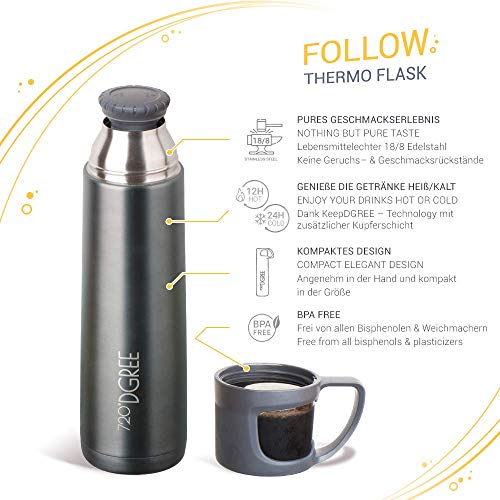 720°DGREE Frasco Termica “Follow“ – 450ml, 700ml, 1l - Botella de Aislante al vacío Termo de Acero Inoxidable con Taza café y té