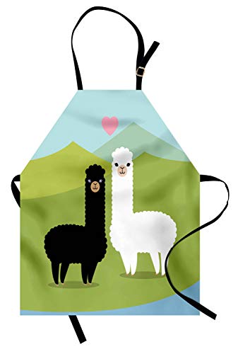 ABAKUHAUS Llama Delantal de Cocina, Alpacas Enamoradas en Las Montañas Argentina Fauna Animales Colores Contrastantes, Resistente al Agua y la Suciedad Estampa Digital, Multicolor