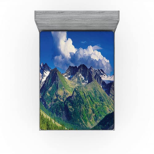 ABAKUHAUS Tierras Altas Sábana Elastizada, Lago en la montaña de Altai, Suave Tela Decorativa Estampada Elástico en el Borde, 180 x 200 cm, Verde Azul de la Aguamarina