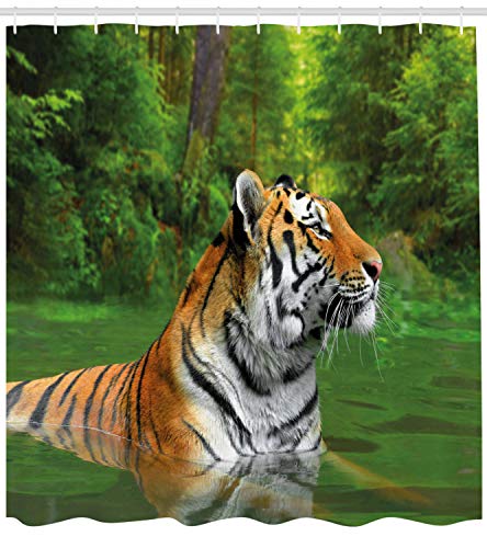ABAKUHAUS Tigre Cortina de Baño, Siberiano Gato Salvaje en el Lago, Material Resistente al Agua Durable Estampa Digital, 175 x 200 cm, Helecho Verde pálido Brown