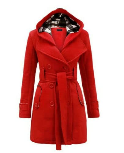 Abrigo de invierno para mujer, manga larga, con capucha y doble botón de Molleton, rojo, S