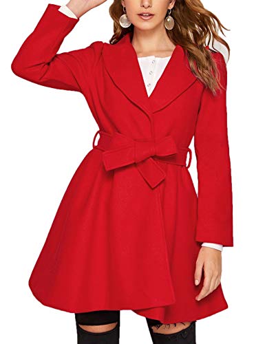 Abrigo Largo para Mujer con Solapa Y Cinturón Abrigo Invierno Chaqueta Lisa Estilo Casual Outwear Rojo S