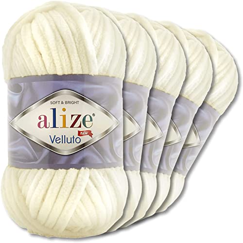 Alize - 5 ovillos de lana Velluto de 100 g, 500 g, hilo de chenilla súper voluminoso, para cojín de bebé, hilo de chenilla suave en ovillo XXL para Amigurumi (62)