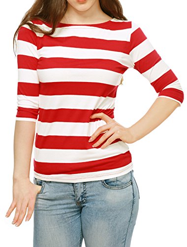 Allegra K Día de San Patricio Camiseta con Mangas de Codo para Mujer Camiseta básica Informal con Cuello de Barco y Corte Ajustado Rojo L