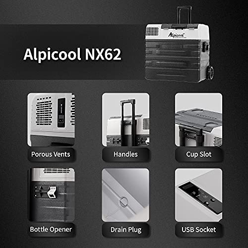 Alpicool 62L NX62 - Nevera portátil de 12 V y 24 V, nevera eléctrica pequeña para coche, camping, camión, barco y enchufe con conexión USB, barra telescópica, rueda