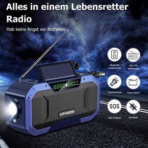 Altavoz Bluetooth portátil con radio solar AM FM – 5000mAh pilas dinamo recargable, emergencia radio manivela, resistente agua IP5, lámpara lectura, linterna, SOS, USB de teléfono, supervivencia