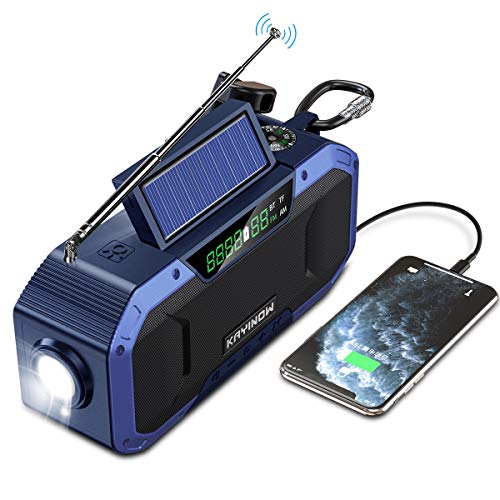 Altavoz Bluetooth portátil con radio solar AM FM – 5000mAh pilas dinamo recargable, emergencia radio manivela, resistente agua IP5, lámpara lectura, linterna, SOS, USB de teléfono, supervivencia