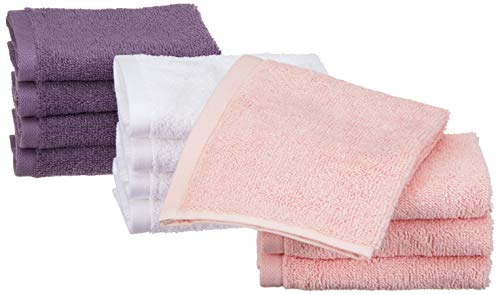 Amazon Basics - Toallas de algodón, 12 unidades, Rosa pétalo, Lavanda, Blanco