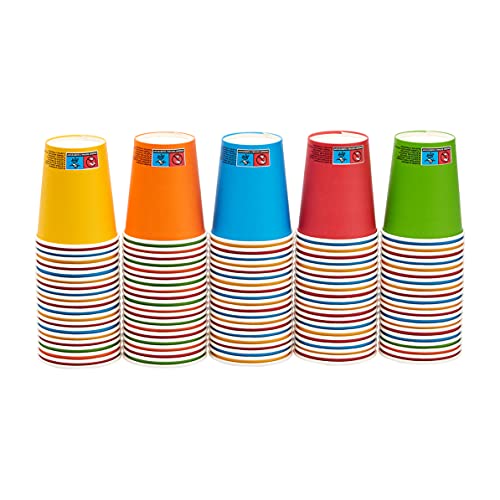 Amazon Basics - Vasos de fiesta desechables y compostables, 236 ml, 100 unidades, color rojo, amarillo, azul, naranja, verde y rosa