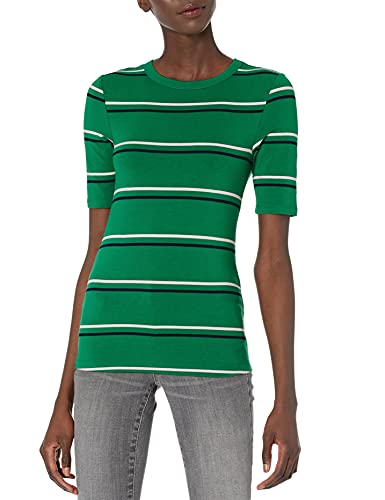 Amazon Essentials 2 Pack Slim-fit Half-Sleeve Crewneck T-Shirt Camiseta, Blanco/Verde/Rosa, Palmera/Rayas, L, Pack de 2