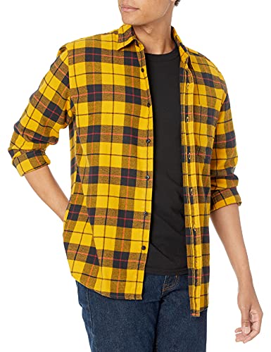 Amazon Essentials - Camisa de franela a cuadros de manga larga y ajuste regular para hombre, Amarillo (Yellow Plaid), US S (EU S)