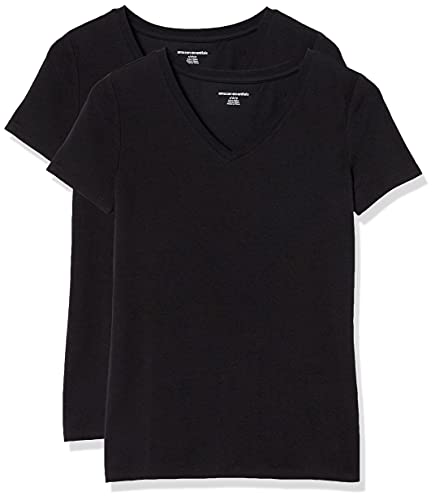Amazon Essentials Camiseta de manga corta clásico con cuello en V, Mujer, Negro (Negro), L, pack de 2