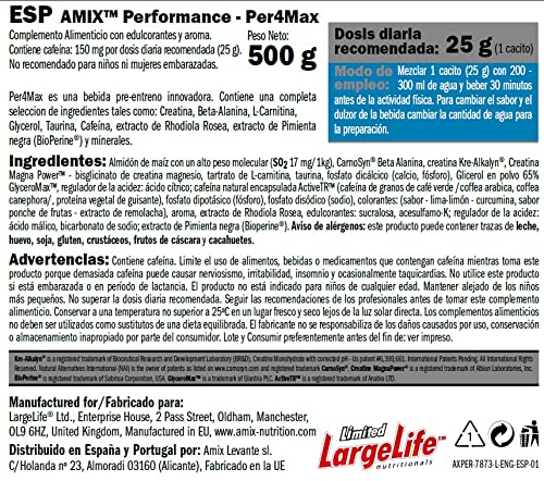 Amix Performance, Per4MAX, Bebida Preentreno, Suplemento de Carbohidratos, Acción Rápida, Bajo contenido en grasas saturadas, Sabor Lima-Limón, 500 gr