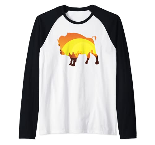 Animal Bisonte Naturaleza Atardecer Montañas Bisonte Búfalo Camiseta Manga Raglan