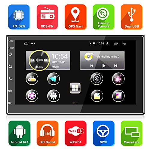 ANKEWAY 2022 Nuevo 7 Pulgadas [2G+32G] Android 10.1 Radio de Coche 2 DIN con HiFi+WiFi+Bluetooth+RDS/FM+GPS+Doble USB, 1080P HD Pantalla Táctil Sistema Multimedia con Cámara de Respaldo y Micrófono