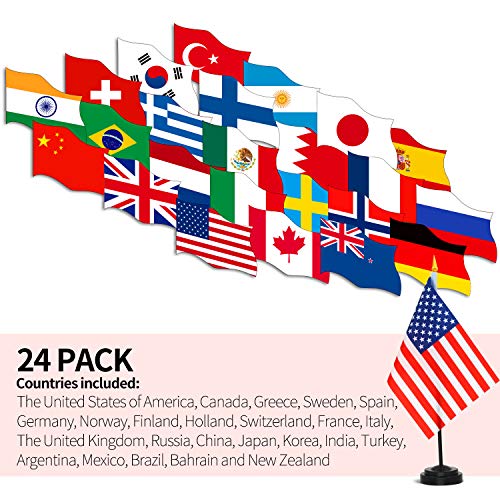 Anley Juego de Banderas de Escritorio 24 países 7,5 x 5,5 Pulgadas Bandera de Escritorio Estadounidense en Miniatura con Poste Negro de 12,5"- Color Vivo y Resistente