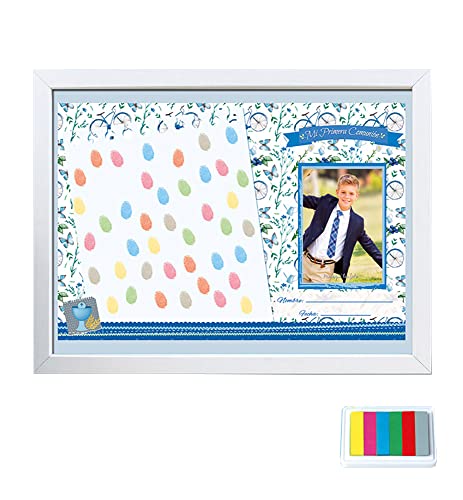 ARGUVAL Set Regalo Comunión pequeño niño Bicis| Libro con Foto + Marco para Colgar con Lamina A4 + Tampón de Huellas 6 Colores